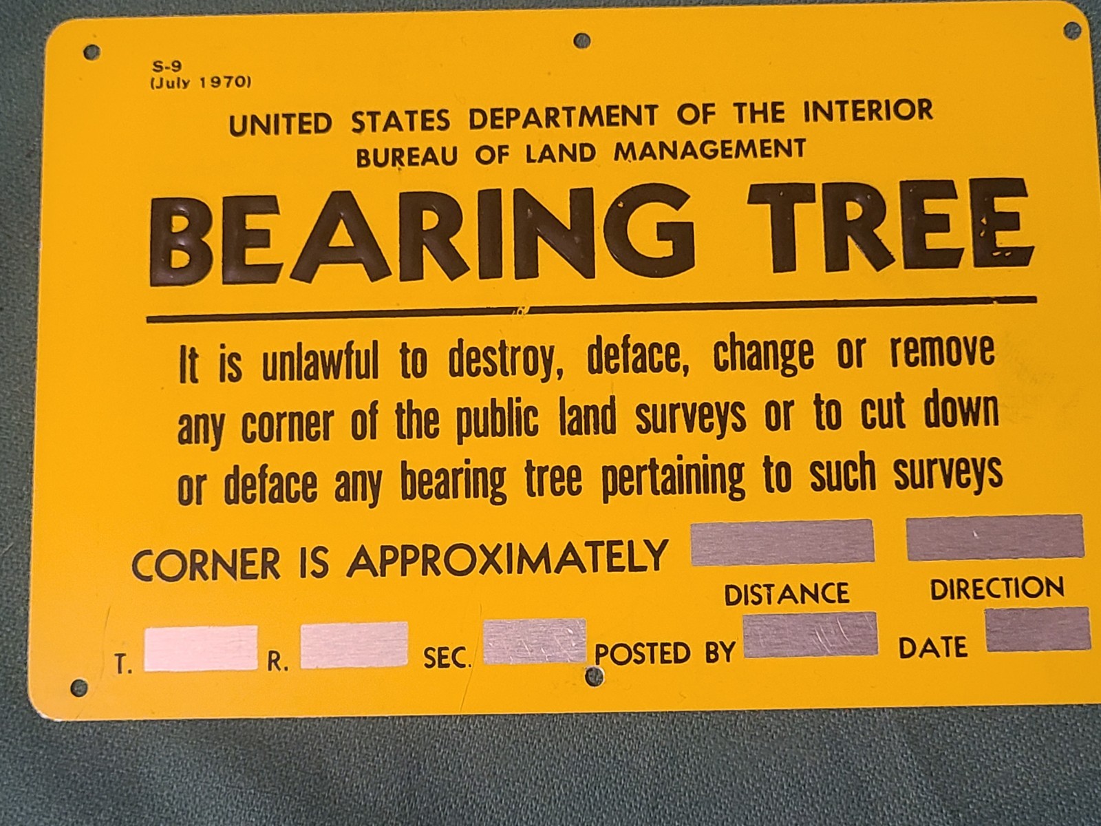 Mint Unused Bearing Tree Metal Sign Land Surveyor Used 4" x 6"
