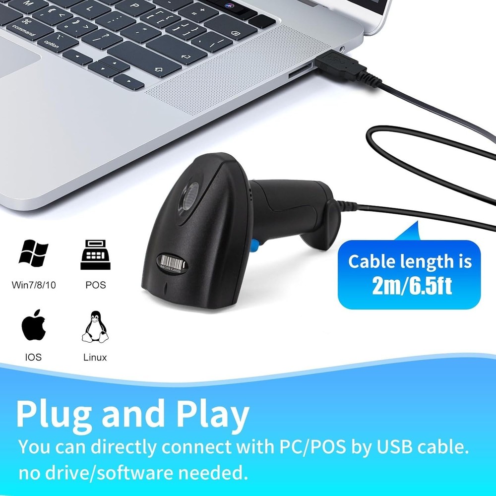 High-Speed USB Barcode Scanner - Reliable 1D Reader for Supermarkets & Offices