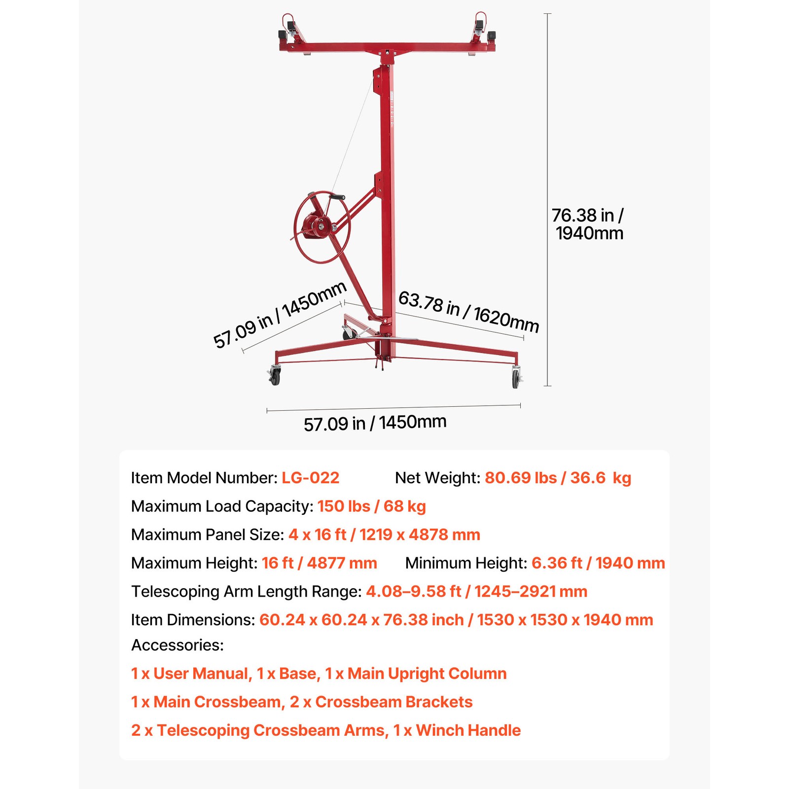 Uimoso 16ft Drywall Hoist, 150 lbs Capacity Adjustable Arm, Lockable Wheels, Red