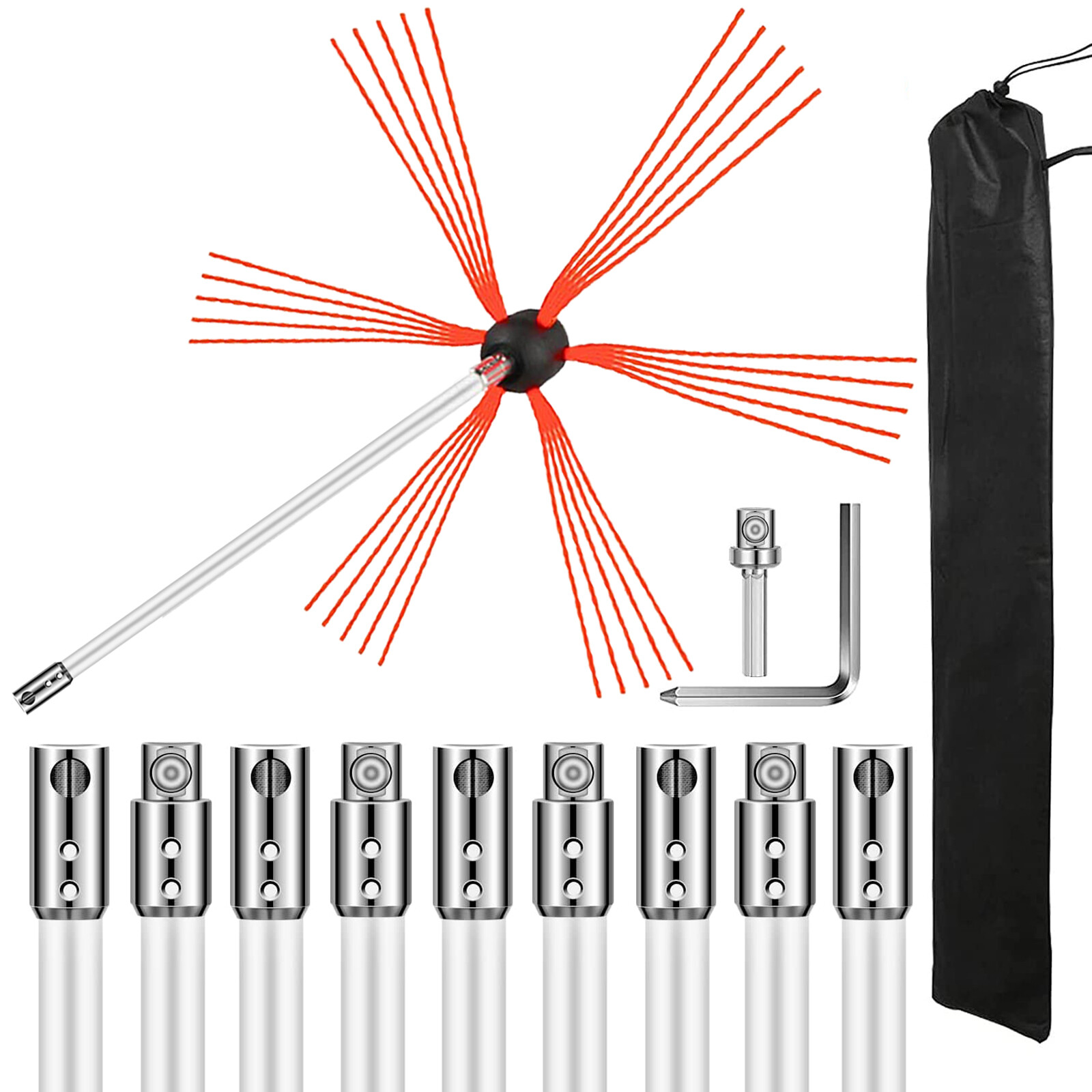 33FT Chimney Cleaner Sweep Kit Cleaning System Rotary Brush Rod Fireplace 10m