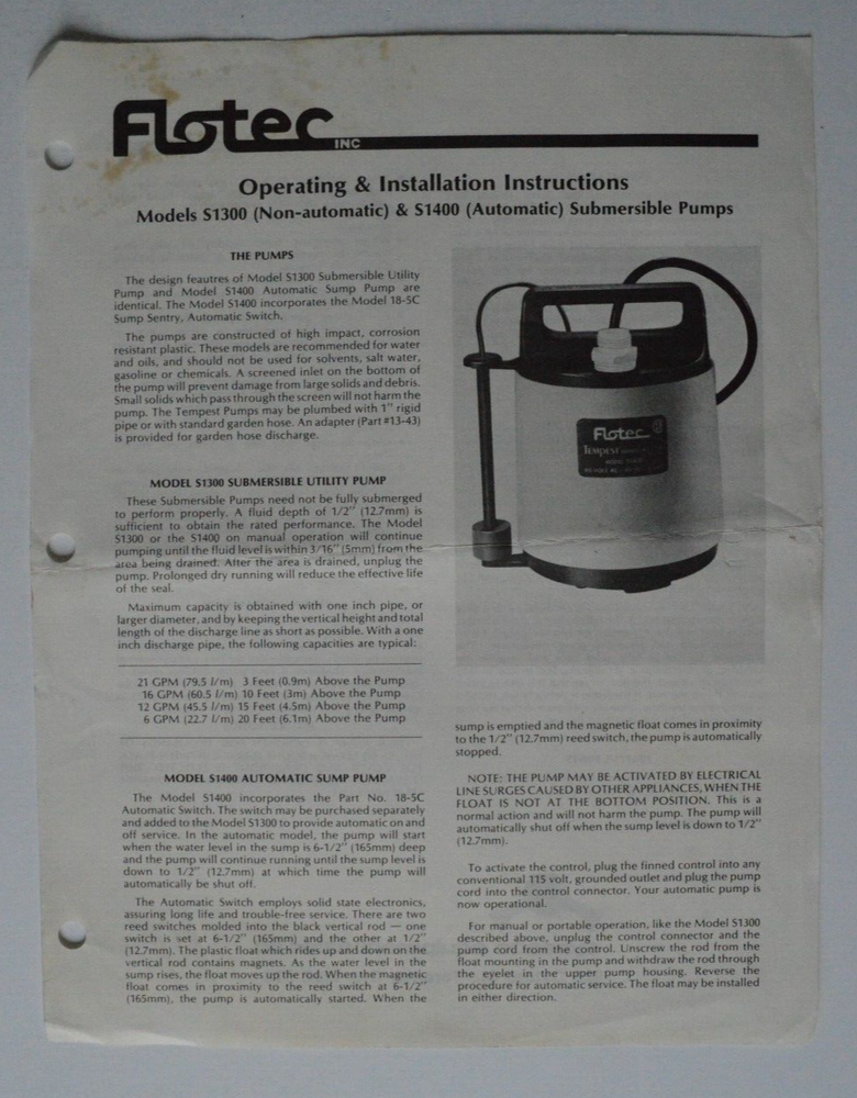 FLOTEC Operating & Installation Instructions Models S1300 S1400 Submersible pump