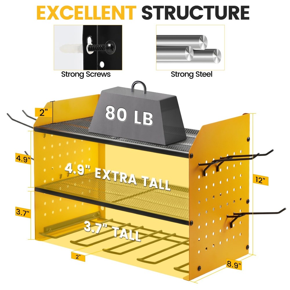 Power Tool Organizer Wall Mount, 3-Layer Drill Holder with 2 Side Pegboards, ...