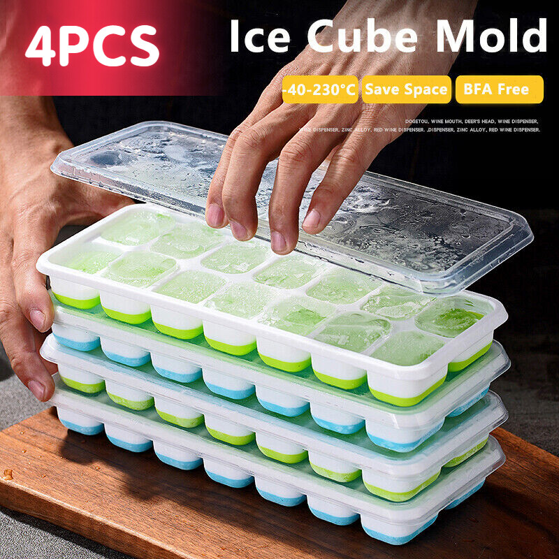 Ice Cube Tray, 4 Pack Silicone Ice Tray, 14 Ice Cube Molds with Lids, Stackable