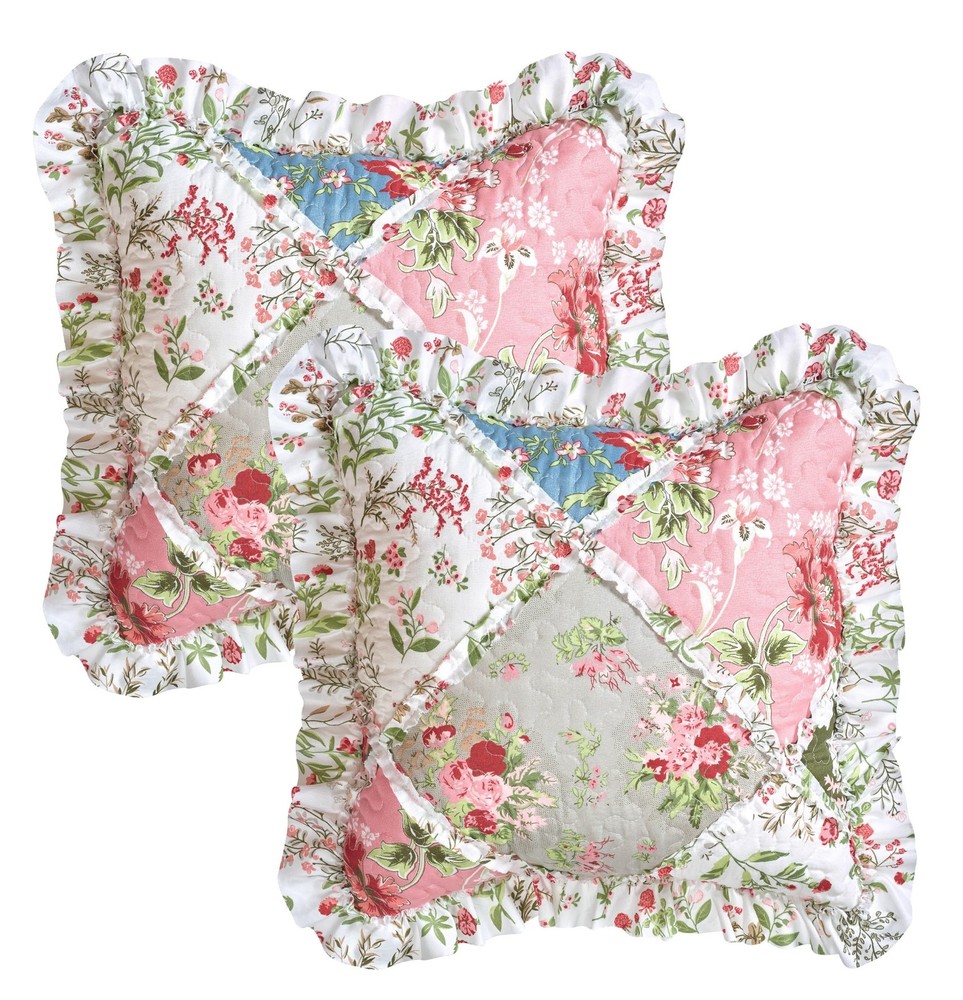 Multi Flowers Ruffle Pillowshams, Quilted Patchwork Decorative Pillow Covers ...