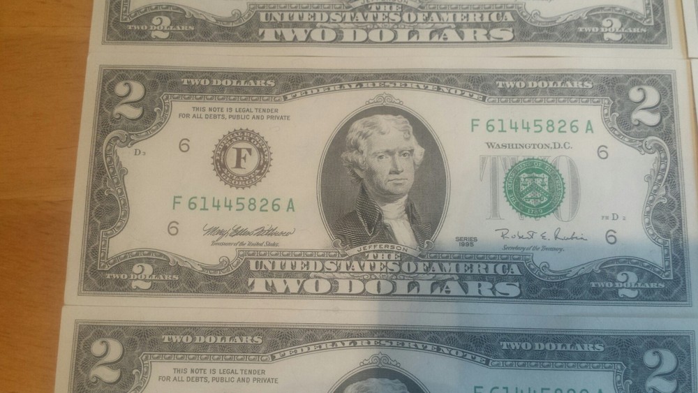 Mint, Uncirculated Two Dollar Bill, Crisp $2 Note, Sequential Order 1995-2017