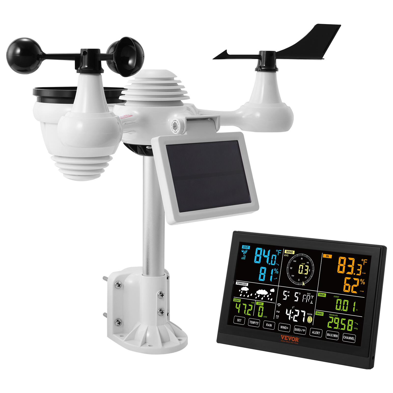 VEVOR 7-in-1 Wi-Fi Weather Station 7.5 in Color Display Wireless Outdoor Sensor