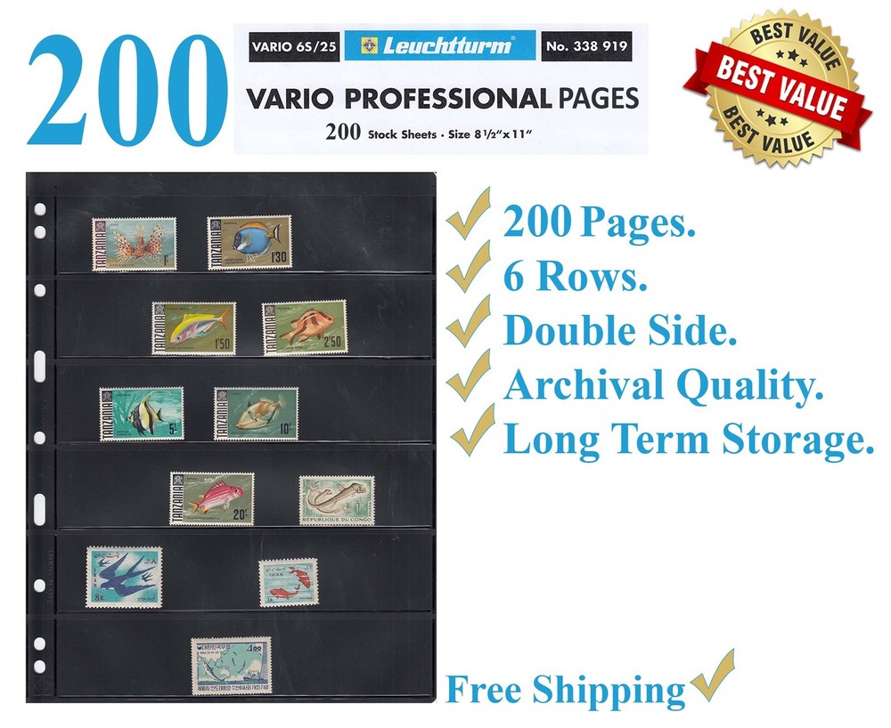 200 Lighthouse Vario 6S Stamp Album Stock Pages 6 Row Double Side Black Archival
