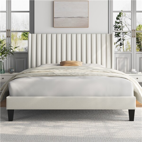 King/Queen Upholstered Bed Frame with Wing Side, No Box Spring Needed, Beige