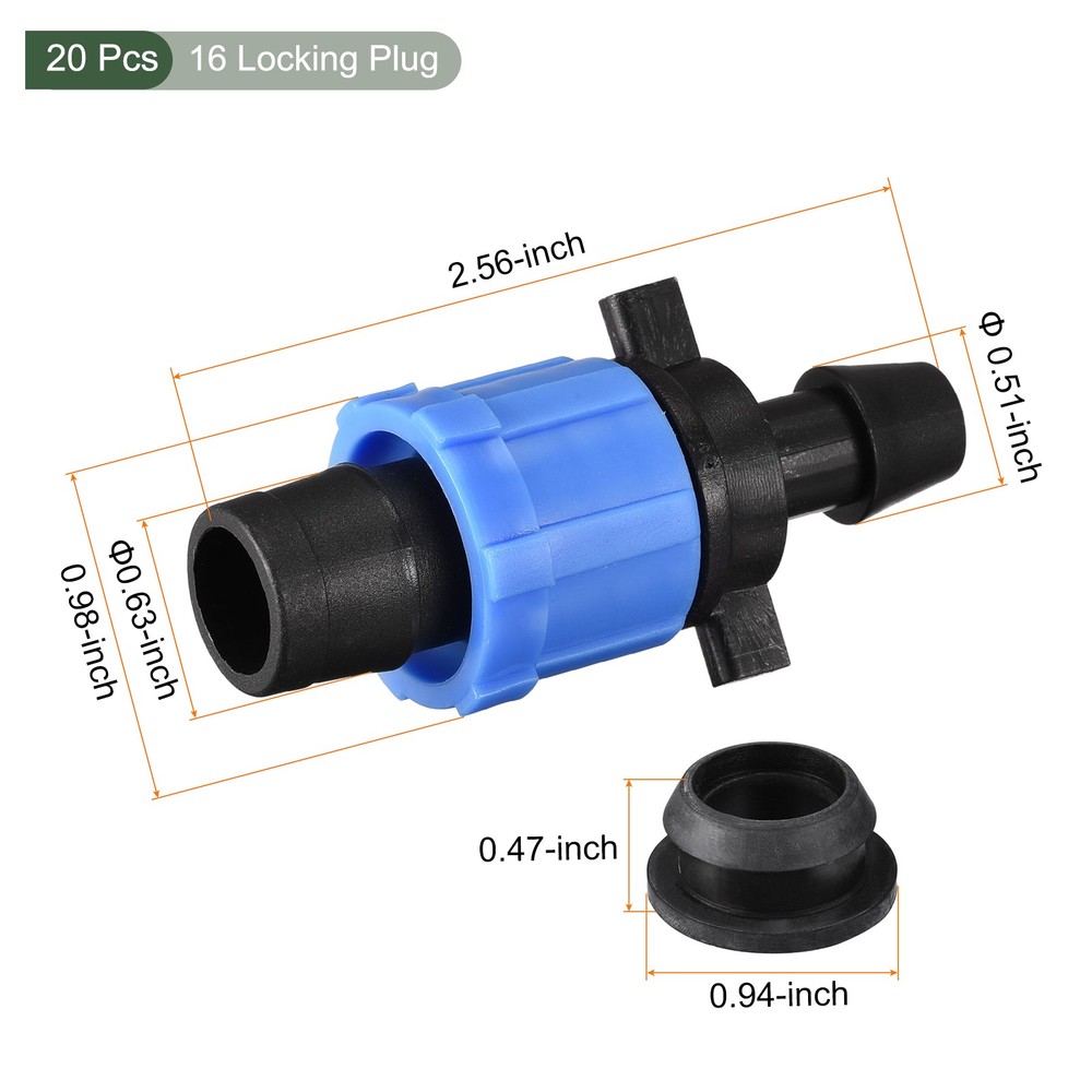 20Pcs Drip Irrigation Tube Coupling Barbed Locking Fitting w Washer,Blue, 16mm