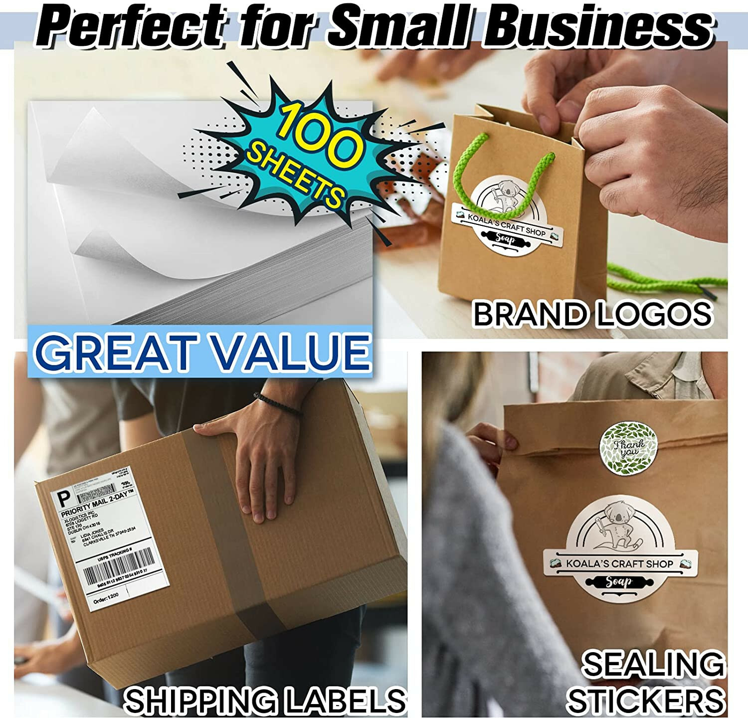 Koala Sticker Paper for Inkjet + Laser Printers 100 Full Sheets Shipping Label