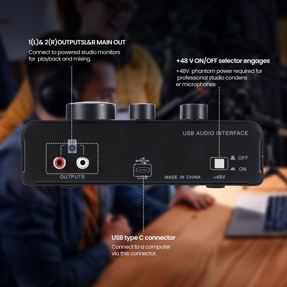 USB Audio Interface 2 XLR/TRS Inputs, Phantom Power, USBA/C for Recording