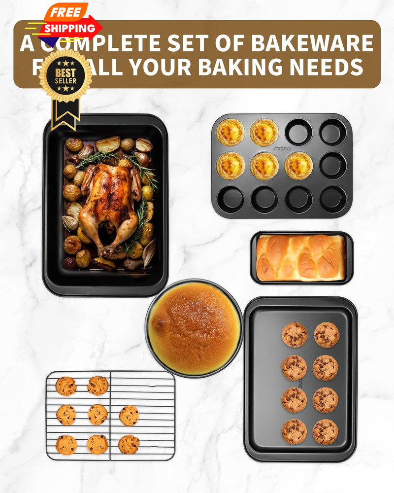 Ymiton Nonstick Baking Pans Set, 19 PCS Stackable Bakeware Medium, Dark Gray