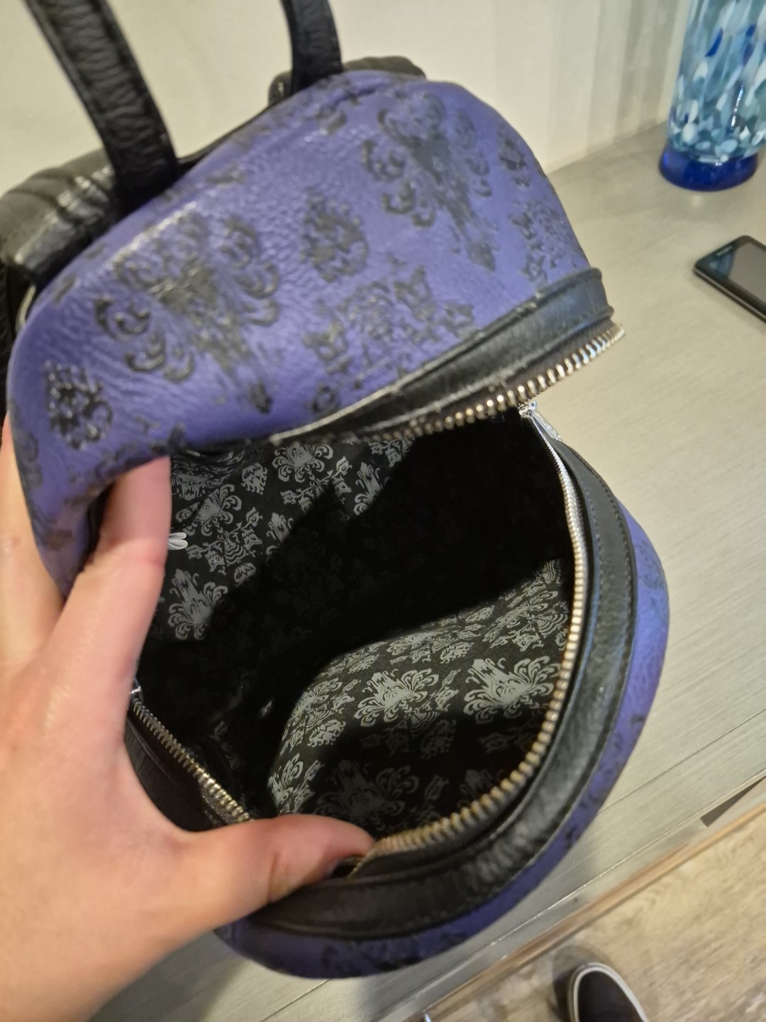 Disney Parks Loungefly, Haunted Mansion Mini Backpack Dark Purple/Black ￼