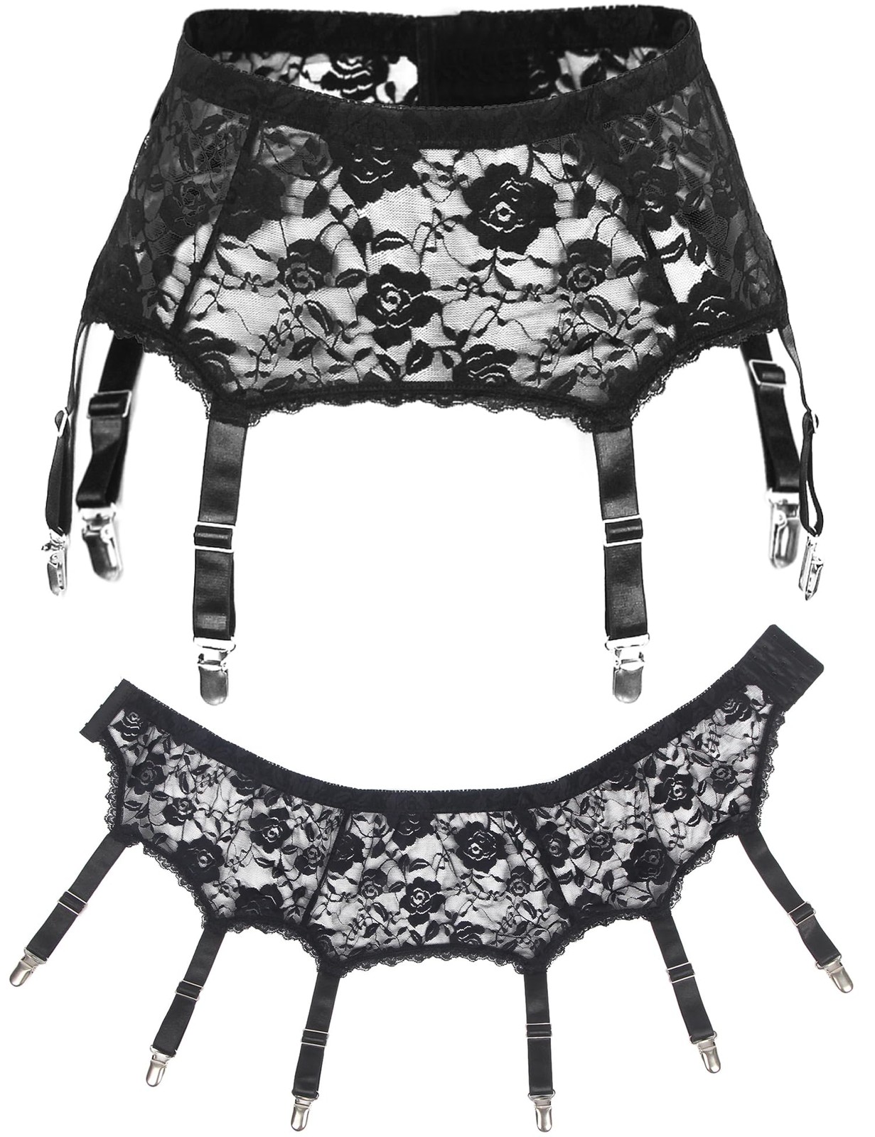Plus Size 6-Strap Black Lace Garter Belt Sexy Mesh Suspenders Metal Clips Vin...
