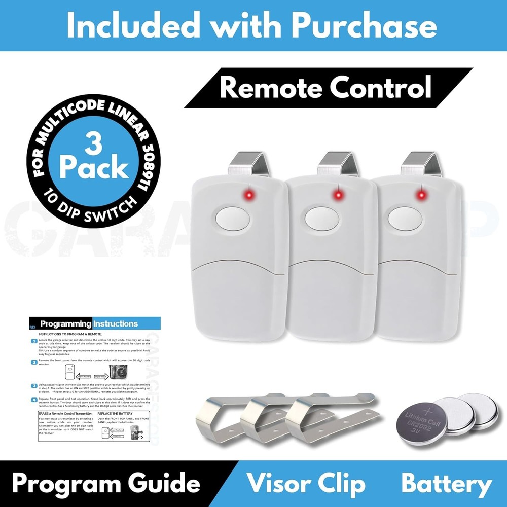 Multi-Code Garage Door Remote Set - 3 Convenient Remotes with Batteries