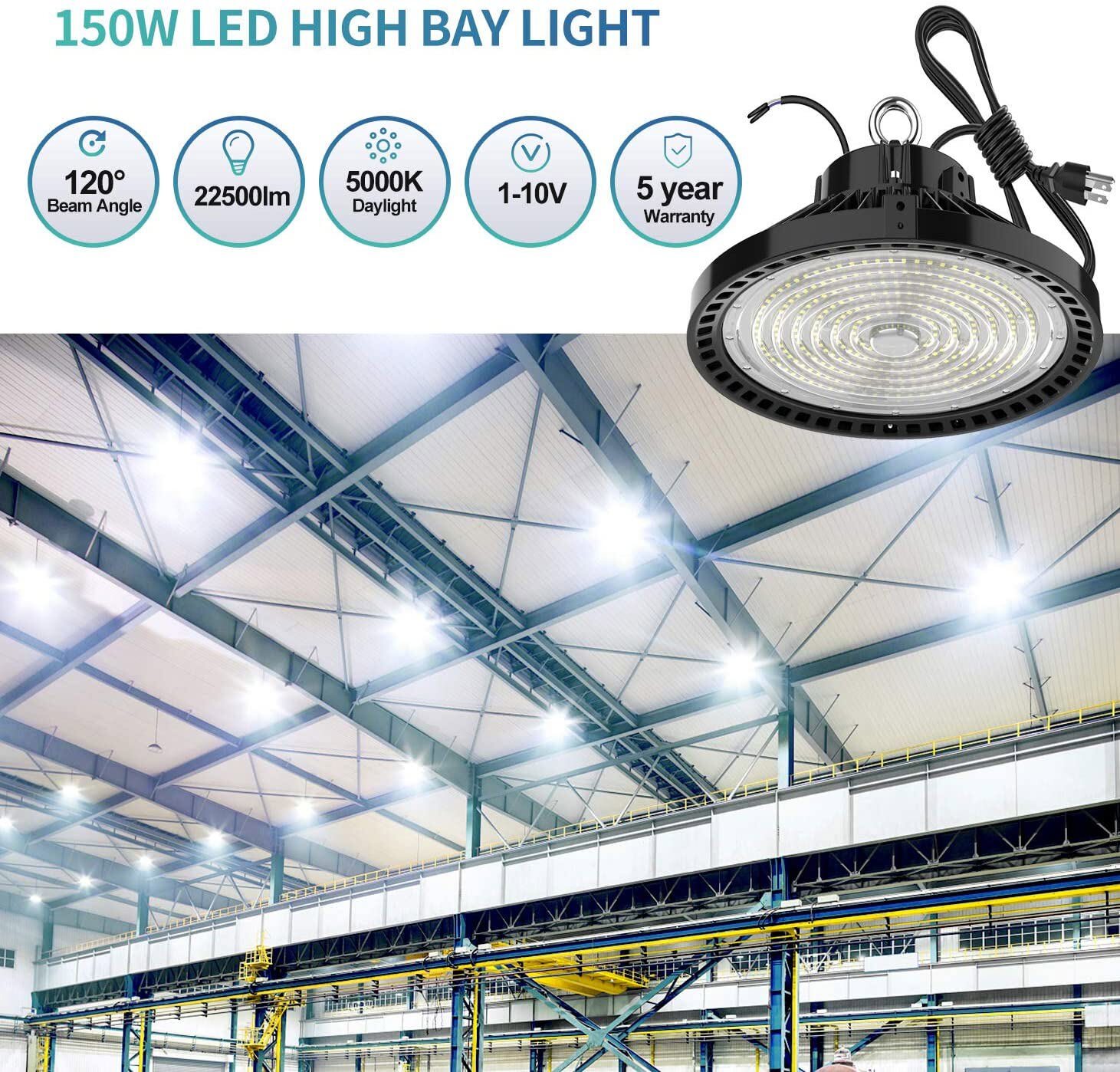 8Pack ETL UFO LED High Bay Light 150W 5000K Dimmable IP65 for Warehouse Gym Shop