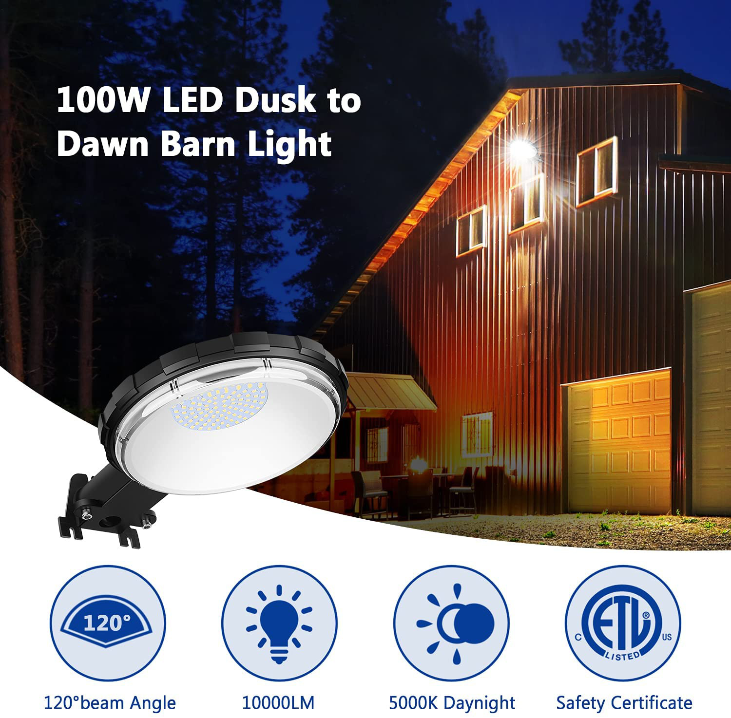 LED Barn Light, Dusk to Dawn Outdoor Lighting with 100W 10000LM 5000K Daylight