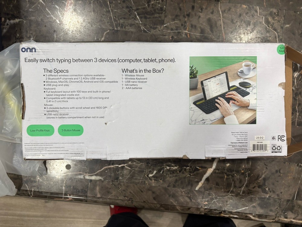 onn Multi-Device Wireless Full-Size Keyboard and 3-Button Mouse Set,Gray &Yellow