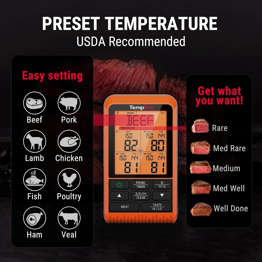 4 Probe Wireless Meat Thermometer – 1000ft LCD Display for Ultimate BBQ Control