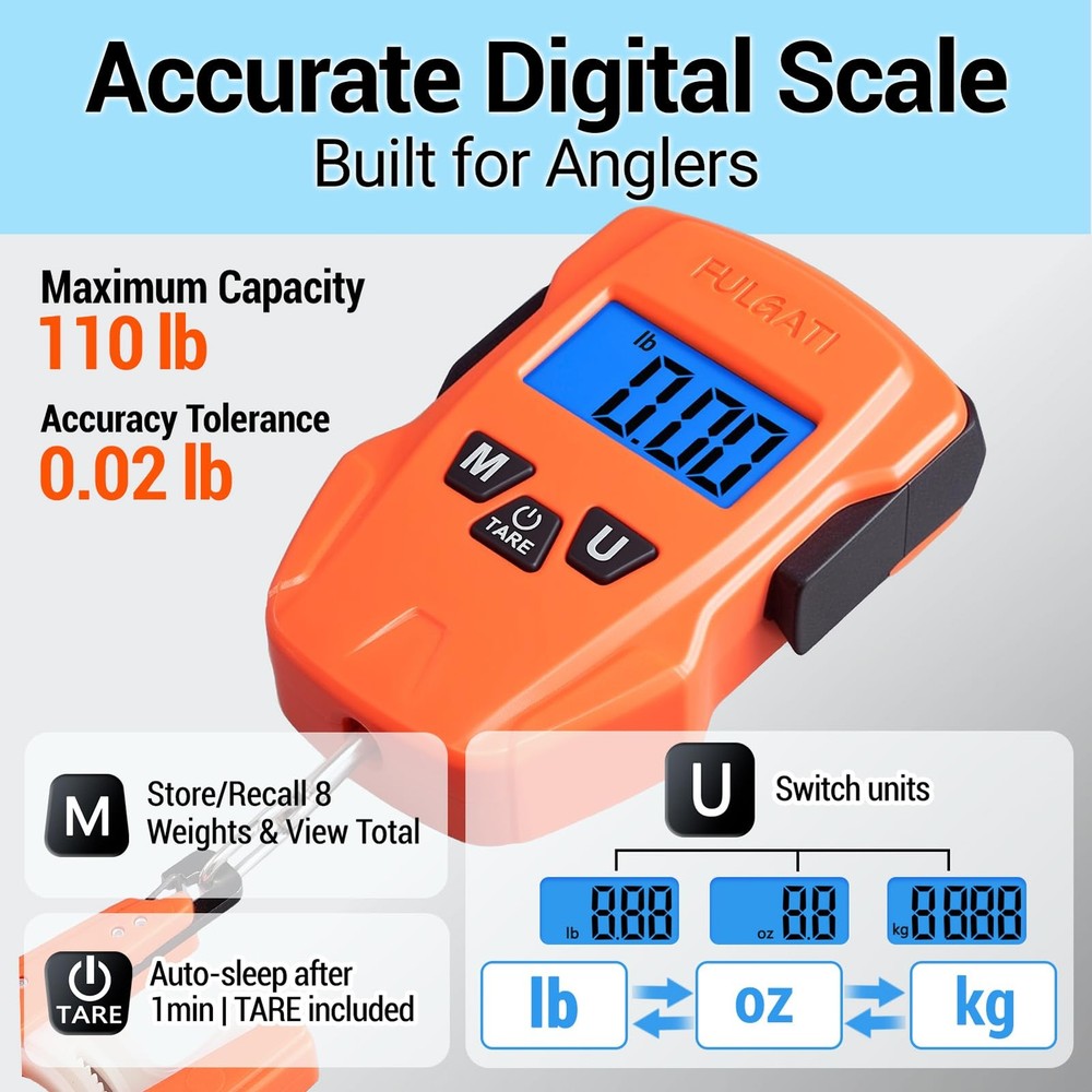 Fish Scale Digital Fishing Scale with Lip Gripper & Replaceable Hook, Auto Un...