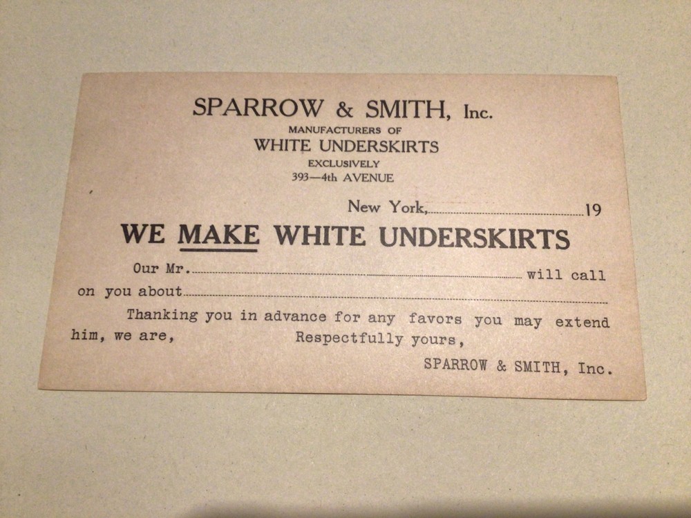 New York 1920 Sparrow & Smith White Underskirts  postal card Ref 66835