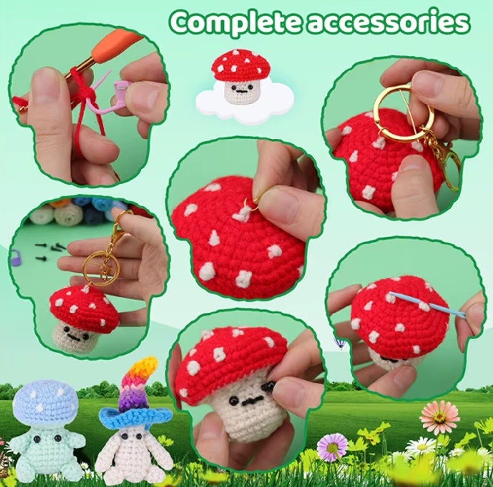 6 -Pack Colorful Mushroom Beginner Crochet Kit – DIY Craft with Video Tutorials
