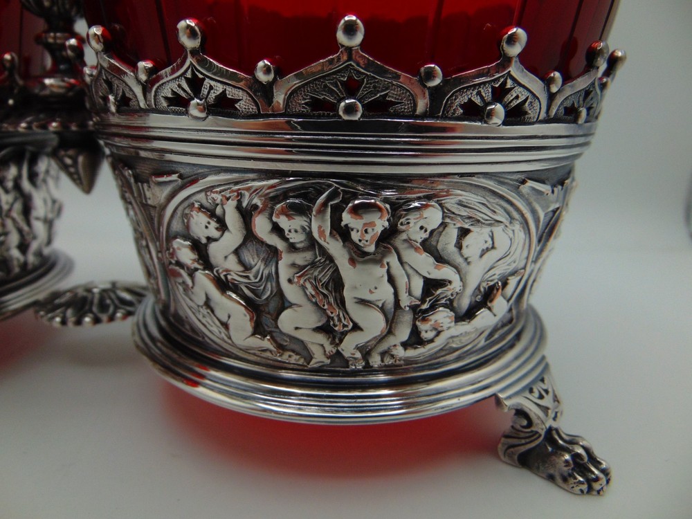1870 Antique English Elkington Silver Plated & Ruby Red Glass Bowl Jam Holder