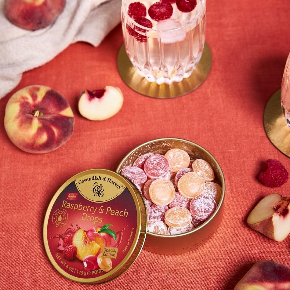 | Raspberry & Peach Filled Hard Candy Drops | 6 Ounce Tin