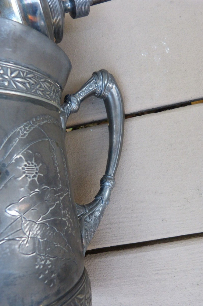 1868 #27 MERIDEN B CO VICTORIAN ORNATE SILVERPLATE WATER PITCHER ENAMEL LINED