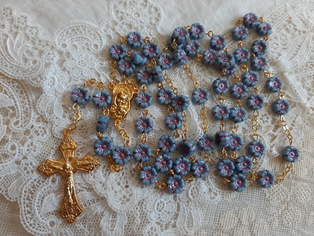 La Petit Opaque Blue Czech Crystal Flower Rosary
