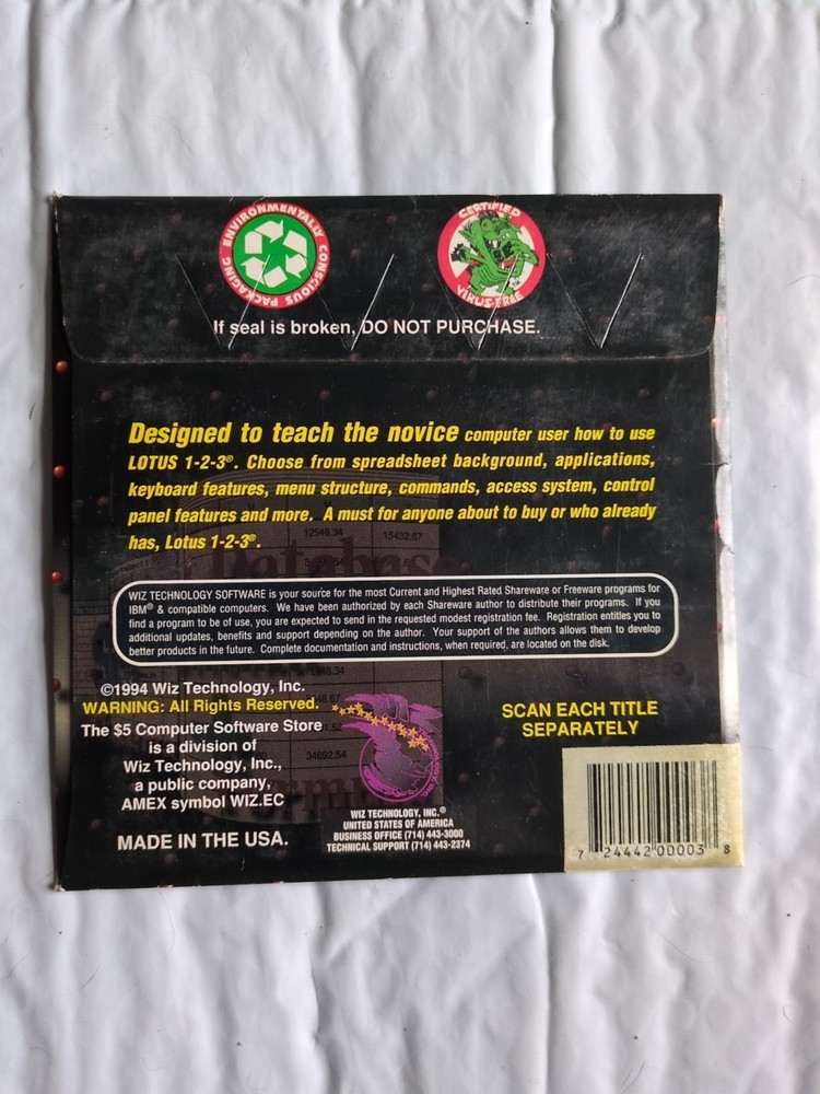 Wiz Technology Vtg. 94 Lotus Learning System Computer Floppy Disc Sealed 5 1/4”