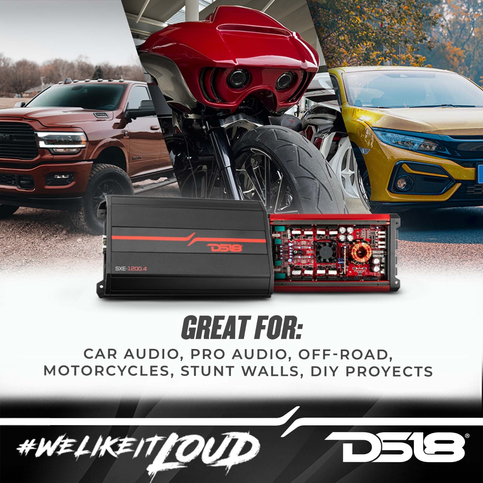 DS18 SXE-1200.4 Car Amplifier Class A/B 4-Channel Full-Range - Compact Size Amp
