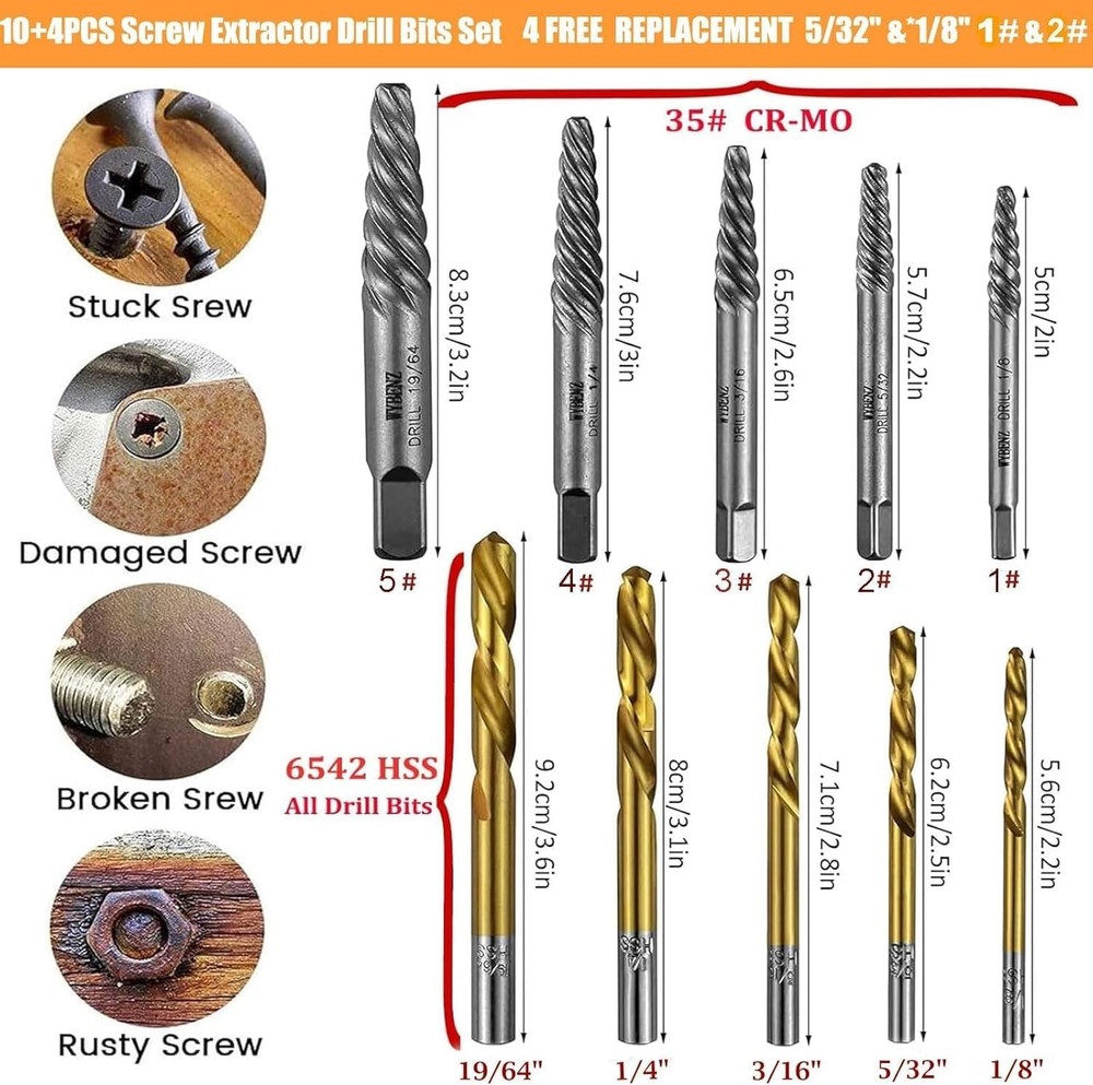 14-Piece Cobalt HSS Screw Extractor and Left Hand Drill Bits Set - Multi-Use