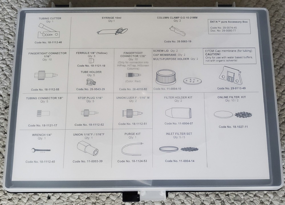 AKTA Pure Accessory Box + 5 Extra Column Holders, missing 1 Filter Holder.