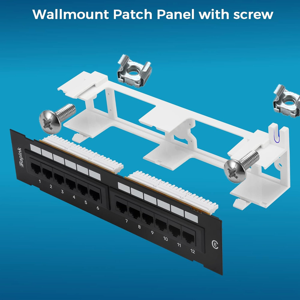 Patch Panel 12 Port Cat6 10G Support, Network Patch Panel UTP 10-Inch, Wallmount