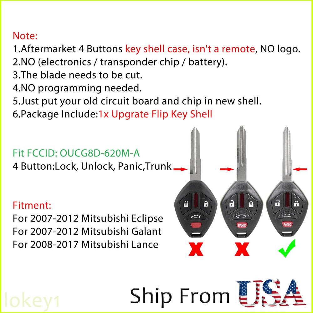 Replacement for 2007 - 2012 Mitsubishi Eclipse Galant Lancer Flip Key Fob Shell