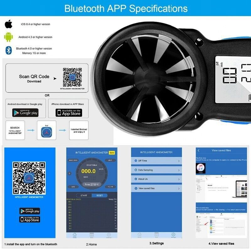 Digital Anemometer Wind Speed Meter Gauge with Bluetooth, Temperature, Backlight
