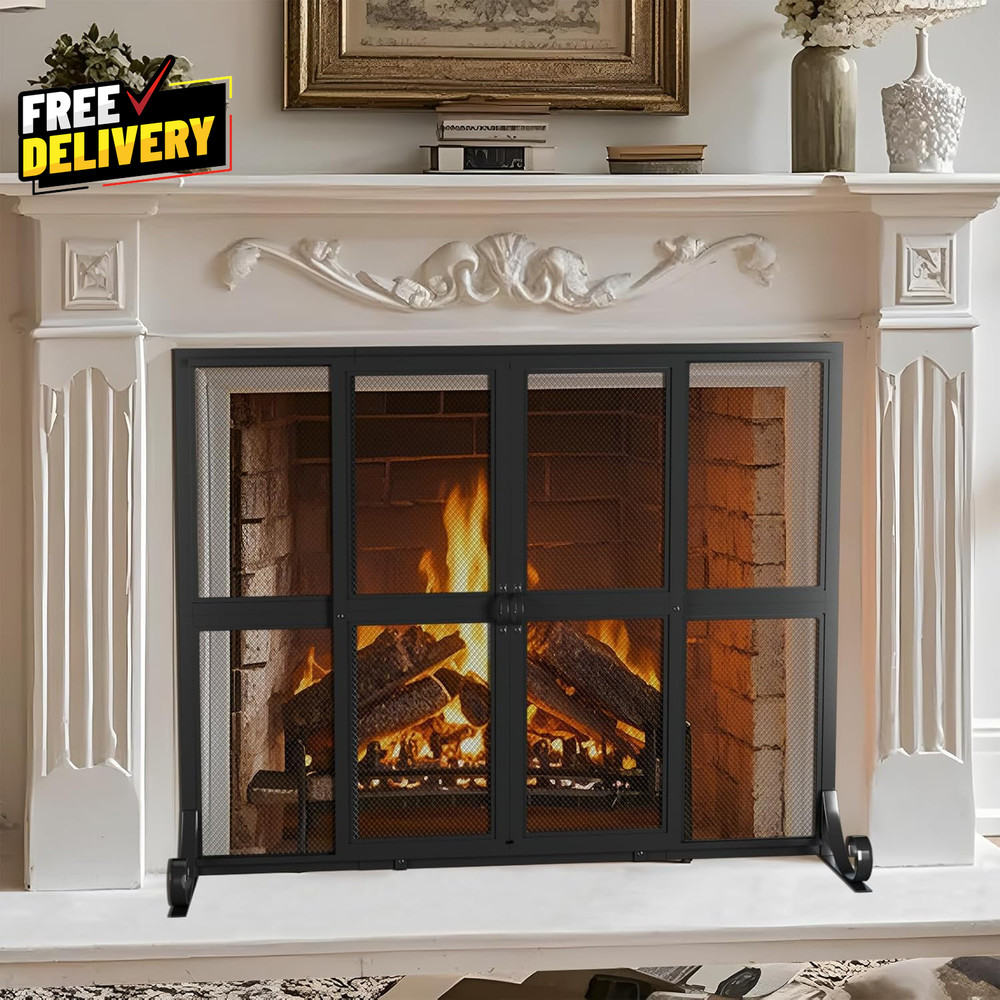 Fireplace Screen with Sliding Doors Wrought Iron Spark Guard Gate Protector