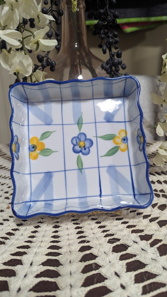 Rose Ceramic Square Dish Floral Pattern Glossy 6" Decorative China