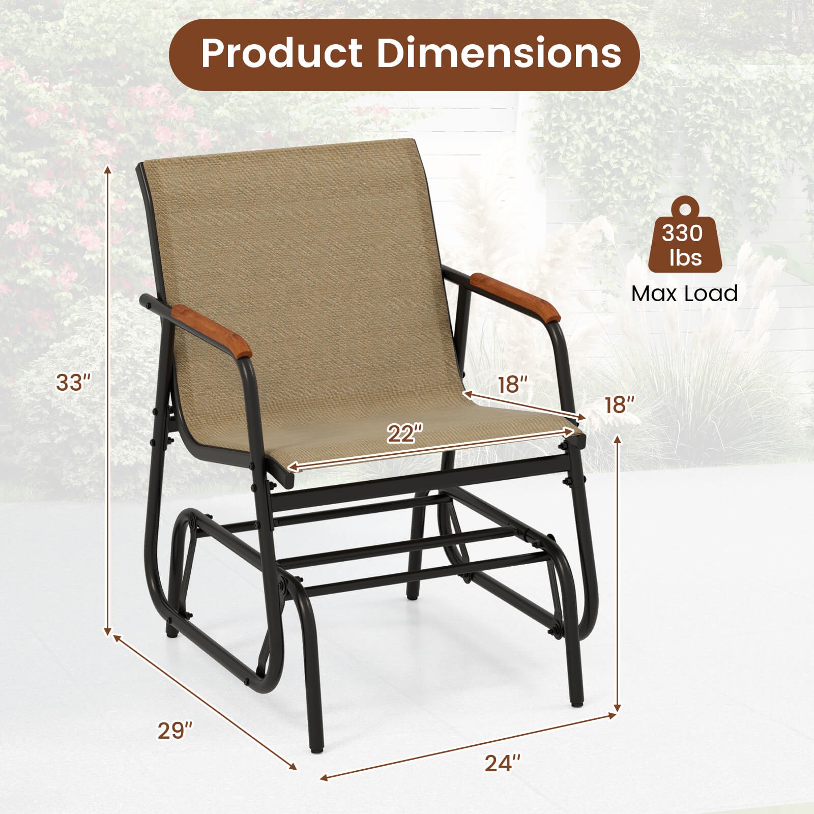 Patio Glider Chair Set of 2 w/ Curved Teak Armrests & Breathable Fabric Seat