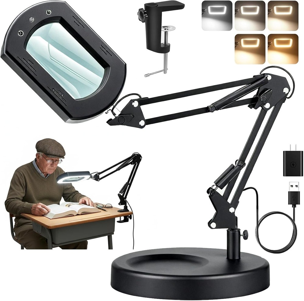 10X 30X Lighted Magnifying Glass with Stand & Clamp, 7" Large Rectangular