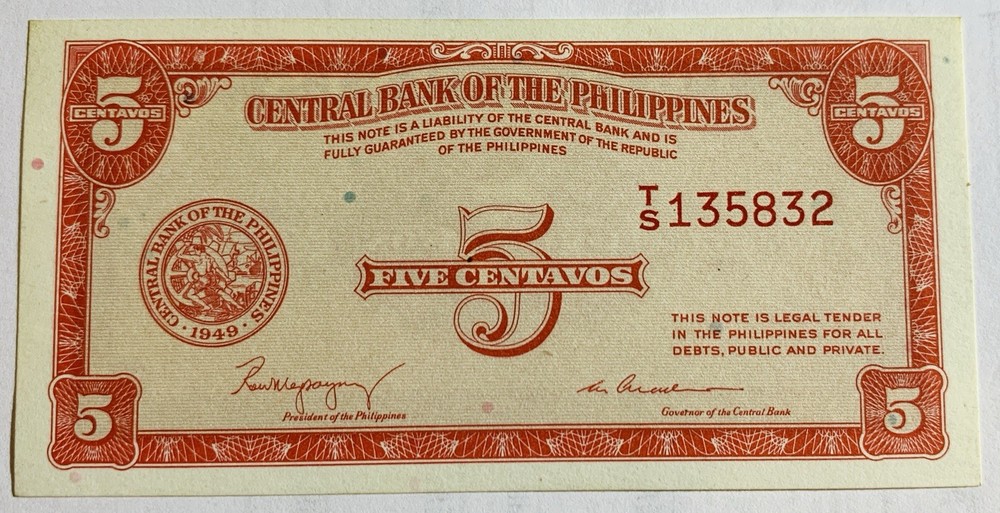 1949 Philippines Central Bank Note 5 Centavos P-125a, UNC