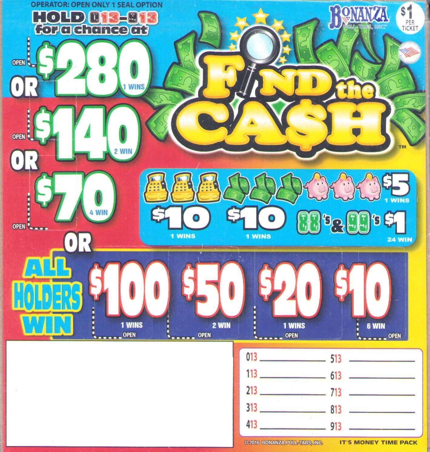 Pull Tab Ticket - Hard Card- Game - Find the Cash - 504 ct