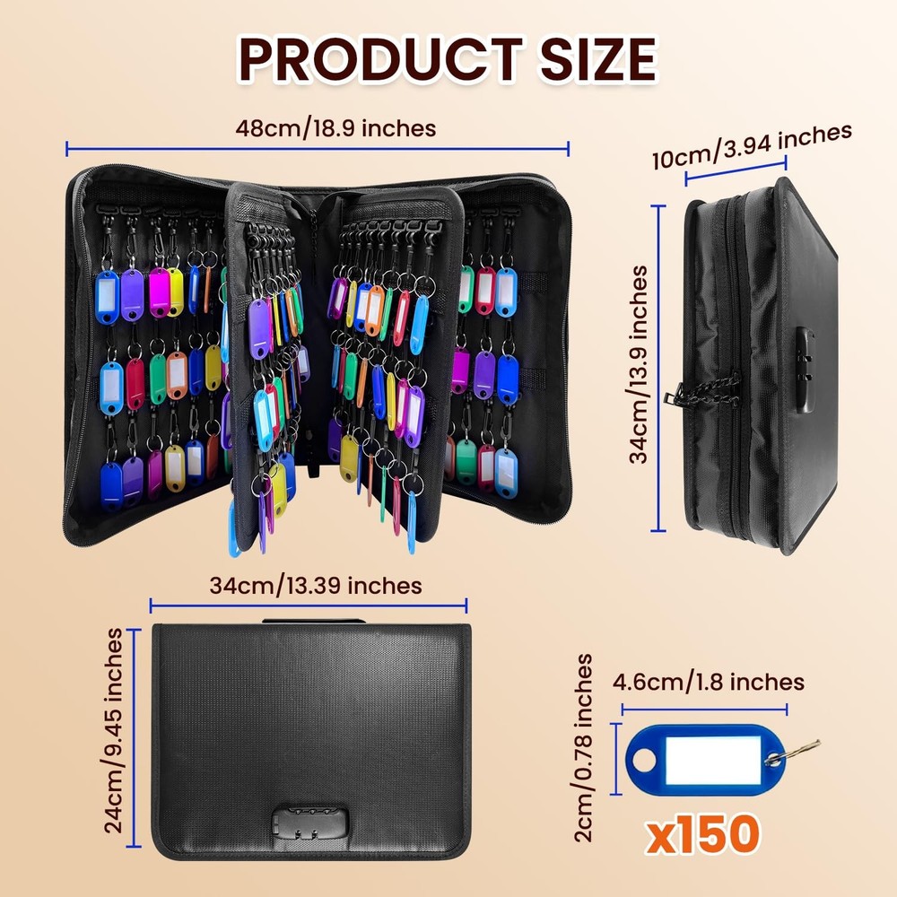 150 Position Key Organizer with Combination Lock, Waterproof Fireproof Zipper...