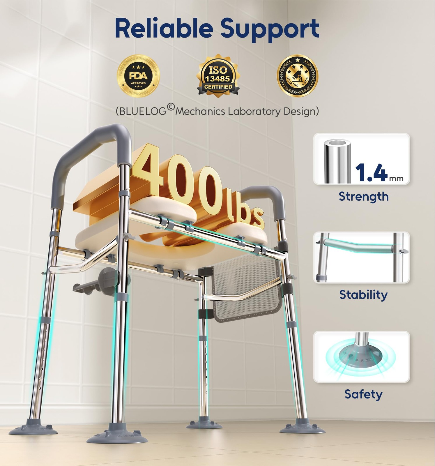 Bluelog Raised Toilet Seat with Handles, Width & Height Adjustable White