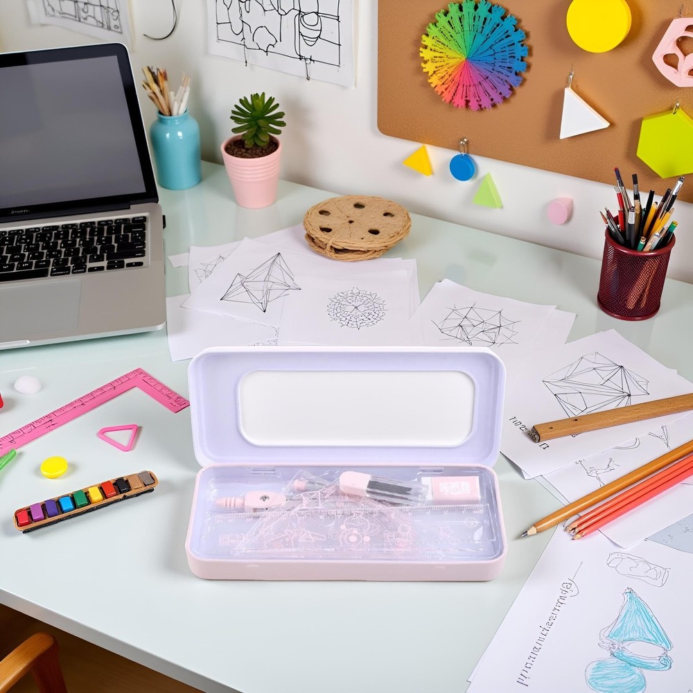 7Pcs Pink Compass Protractor Set with Portable Box Geometry Drafting Tools Se...