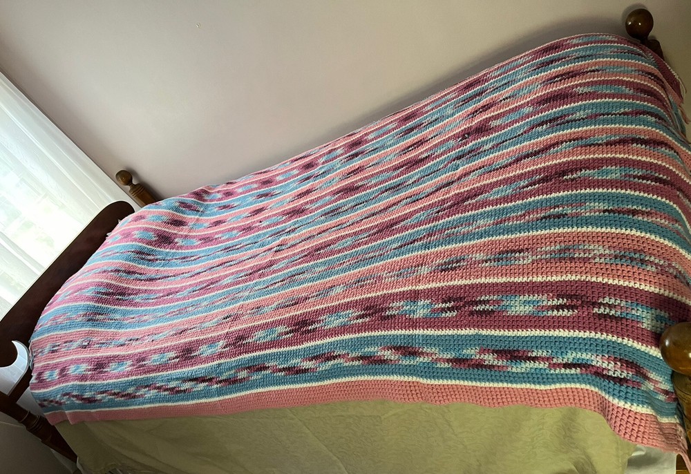 HANDCRAFTED CROCHET AFGHAN Blanket Pinks Blue Vertical Pattern 82” x 48”