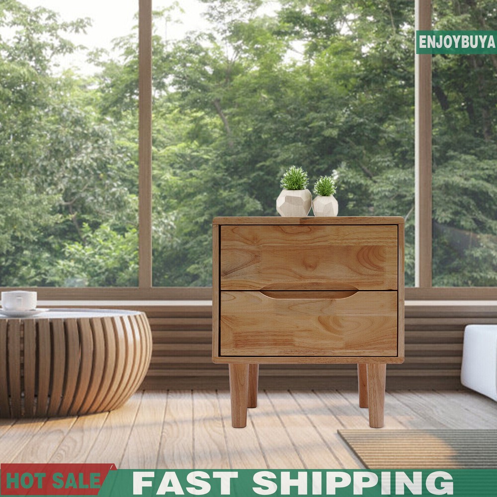Nordic Style Solid Wood 2 Drawers Bedside Table Nightstand Home Decor