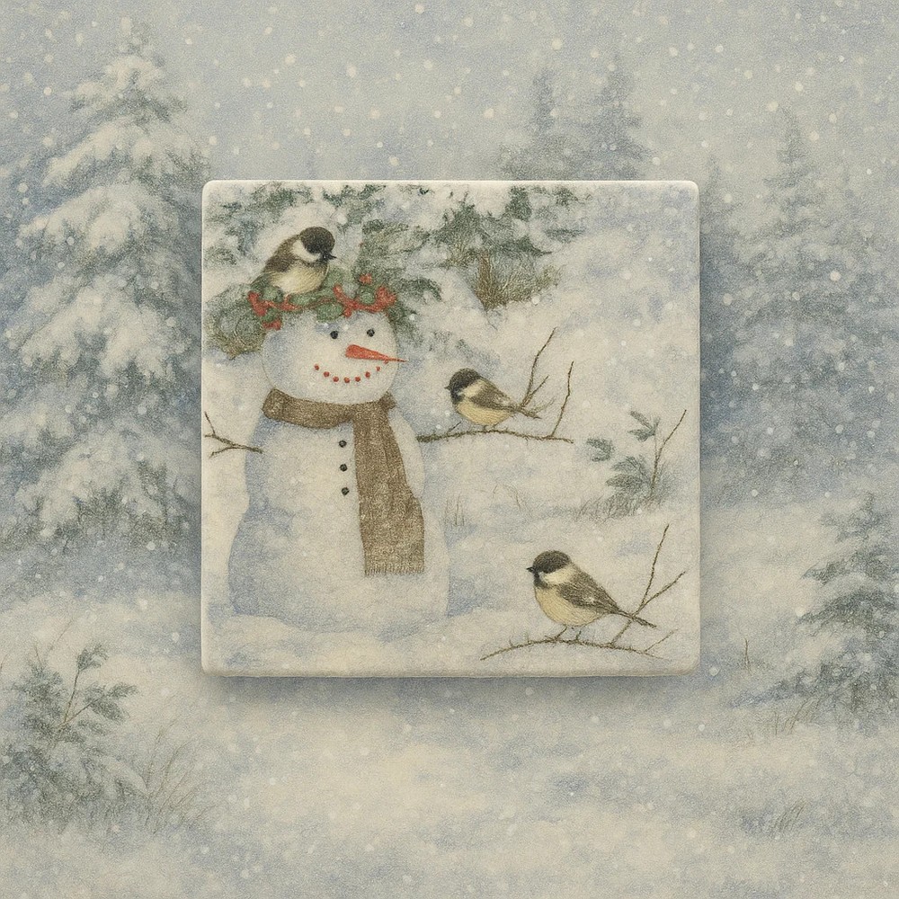 Snowman & Chickadee Winter Coaster Set (4-Pack) – Rustic Christmas Bird