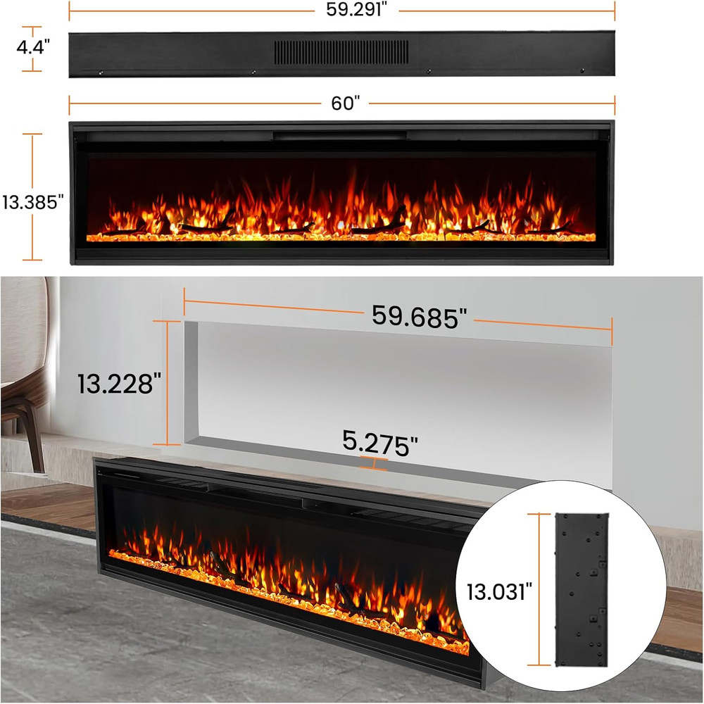 60" Wall Mounted Electric Fireplace with Remote, Multicolor Flames & Timer
